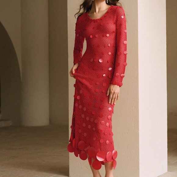 Red Elegant Women's Sequined Crochet Long-Sleeve Dress - Picture 7 of 7